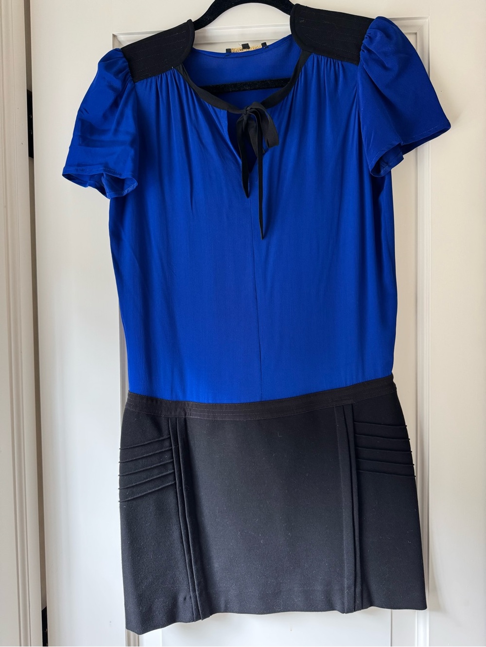 Maje Royal Blue and Black Tie-Neck Mini Dress